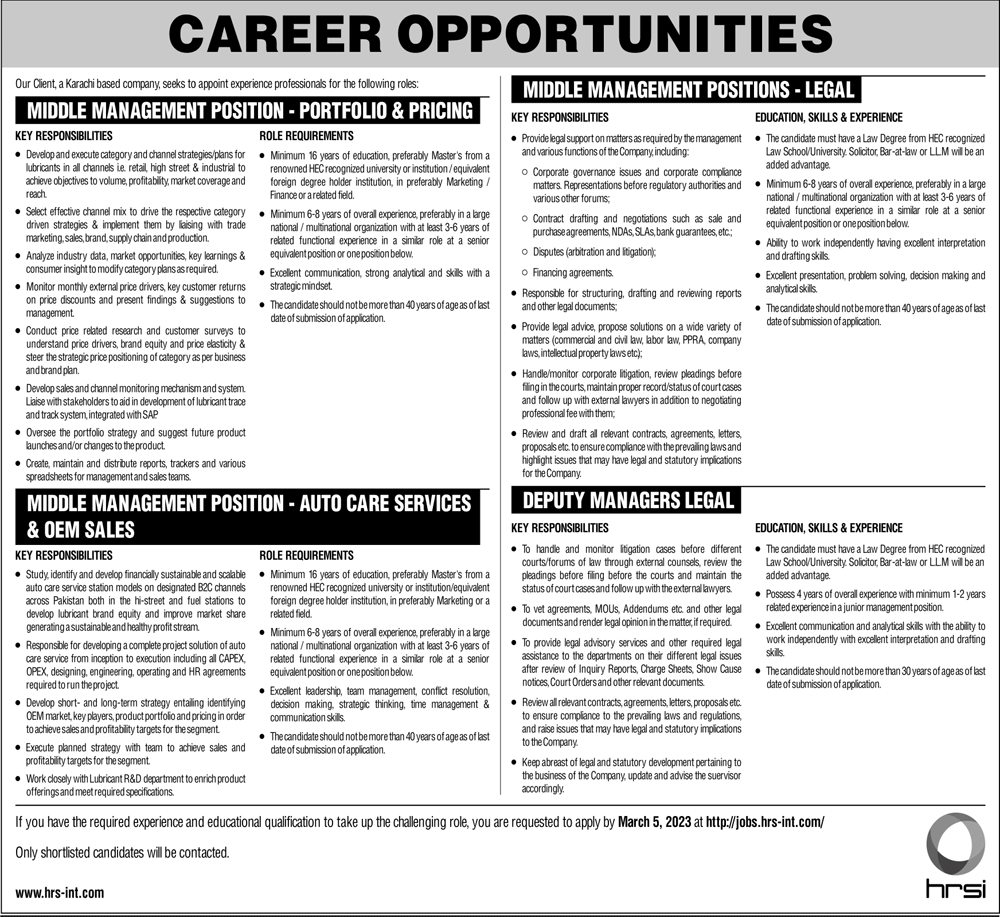 Career Opportunities in HRSI Karachi