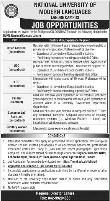 Career Opportunities in NUML Lahore