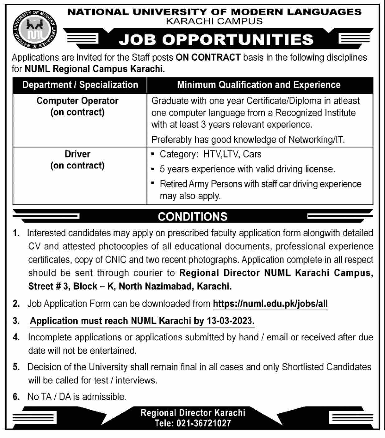 Career Opportunities in NUML Karachi