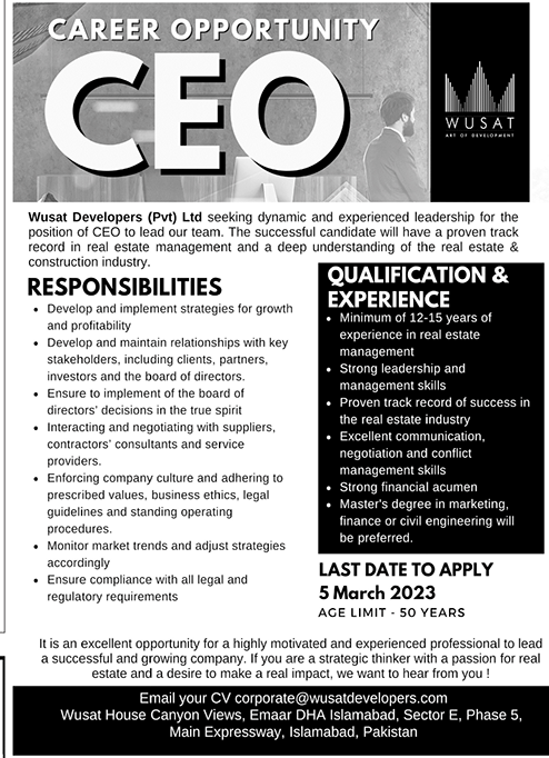 Jobs in WUSAT DEVELOPERS Islamabad
