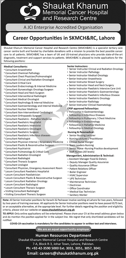 Staff Required in Shaukat Khanum Hospital