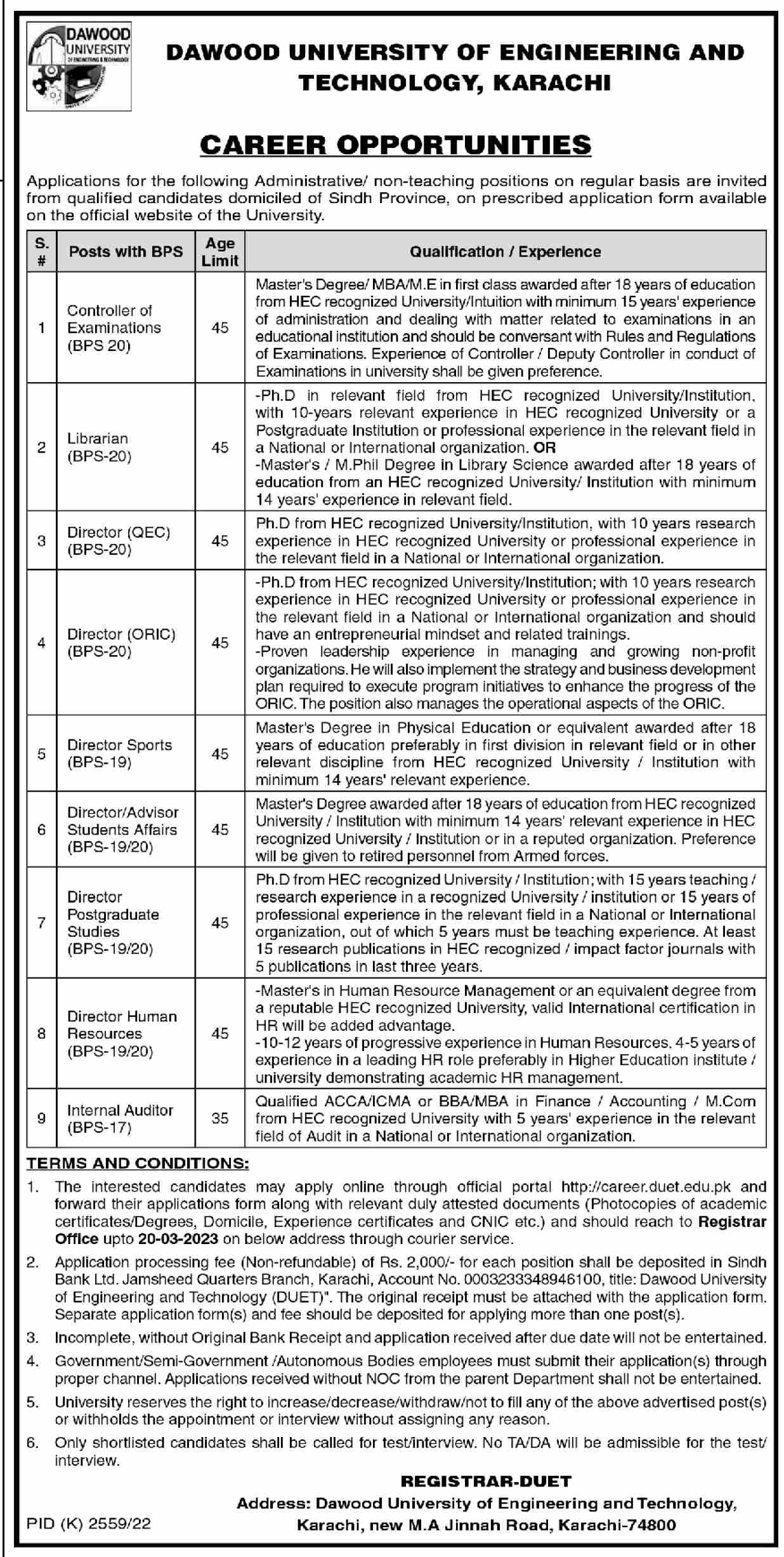 Dawood University Of Engineering and Technology Jobs