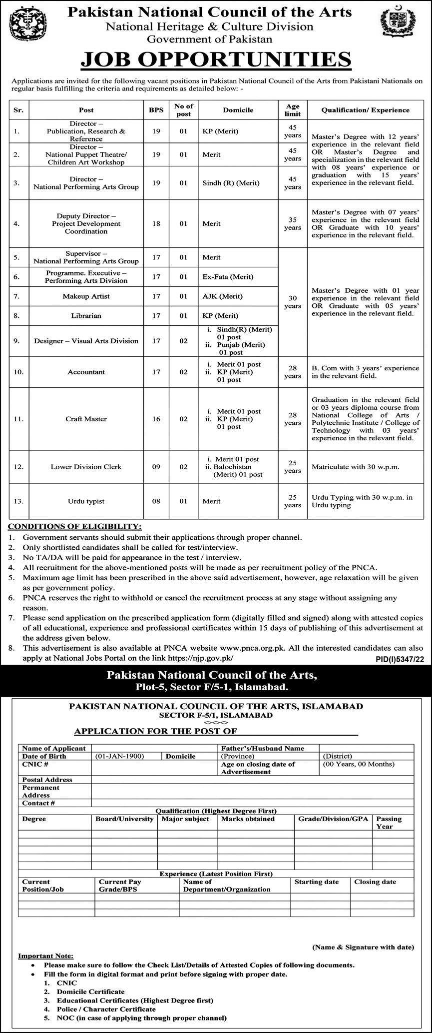 Jobs in Pakistan National Council of Arts
