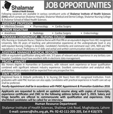 Jobs in Shalamar Institute of Health Sciences