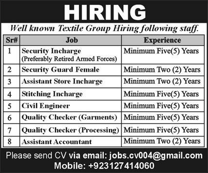 Staff Required in Textile Group Karachi