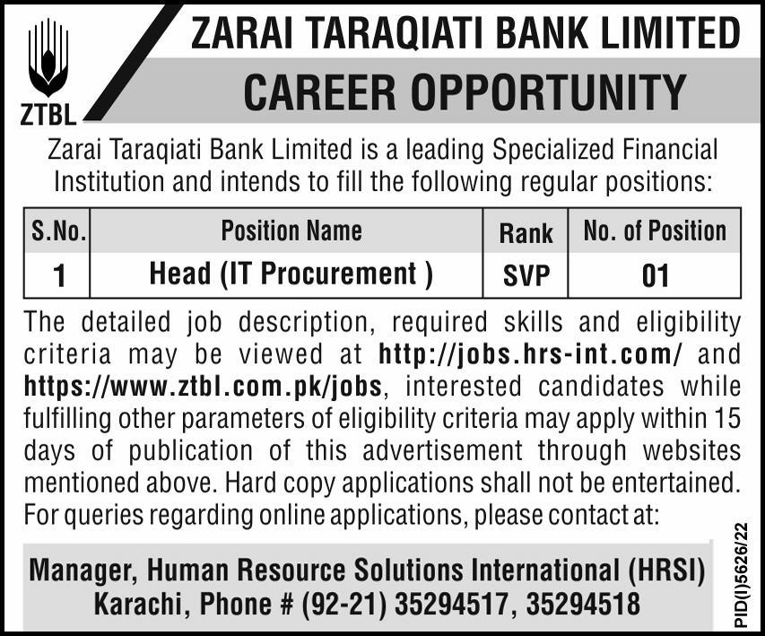 Zarai Taraqiati Bank Limited Jobs