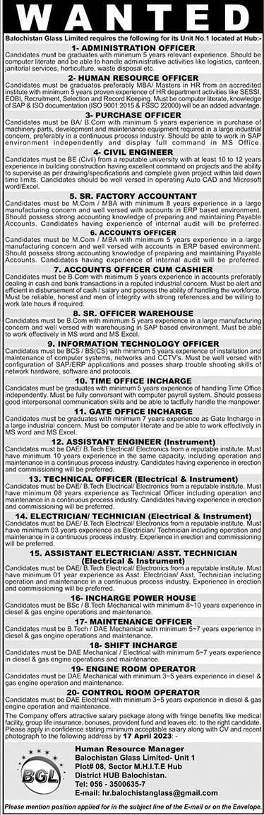 Staff Required in Baluchistan Glass Limited