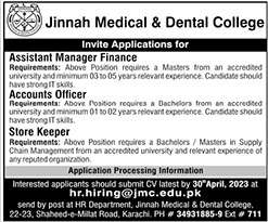 Jobs in Jinnah Medical and Dental College