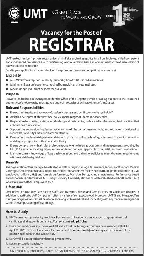 Career Opportunities in UMT Lahore