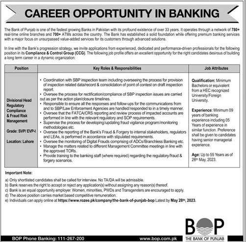Banking Jobs in Bank of Punjab