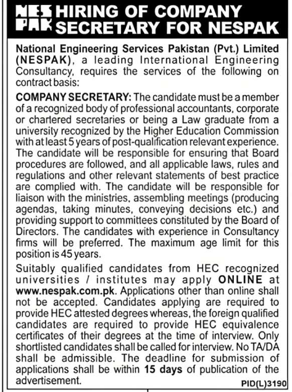National Engineering Services Pakistan Jobs
