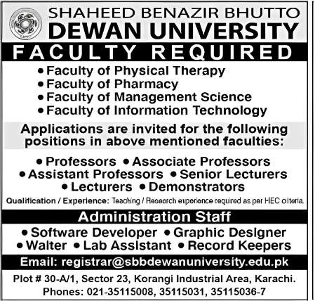 Shaheed Benazir Bhutto Dewan University Jobs