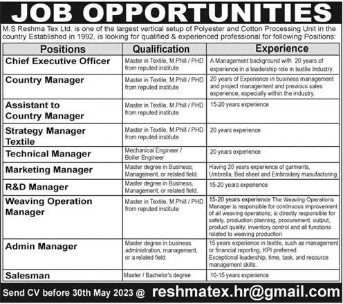 MS Reshma Tex Limited Job Opportunities