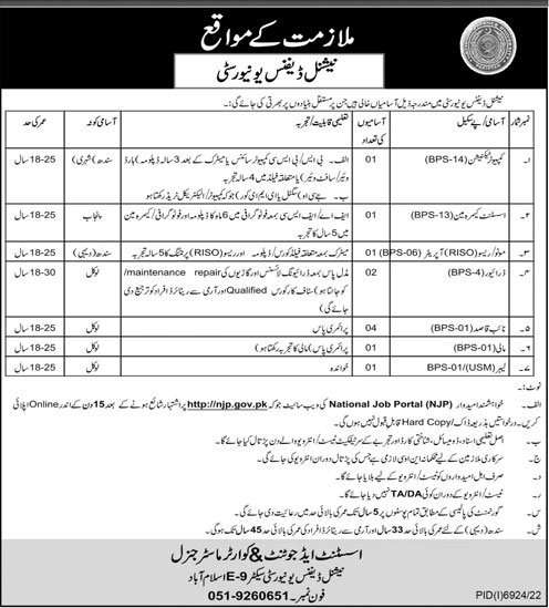 Staff Required in National Defence University