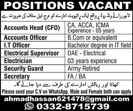 Staff Required in Private Institution Lahore