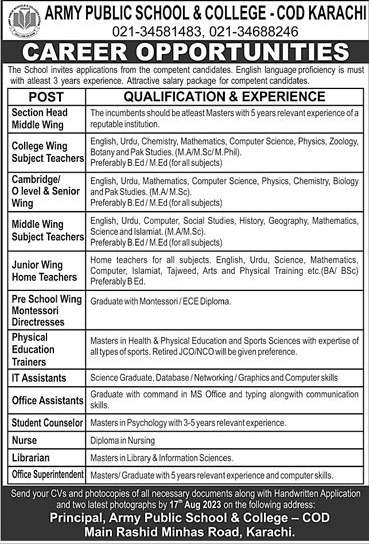 Jobs in Army Public School and College Karachi