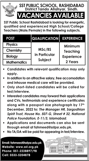 Jobs in SST Public School Rashidabad (Sindh)