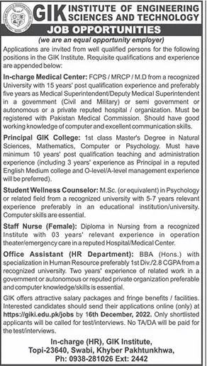 Admin and Medical Jobs in GIK 2022