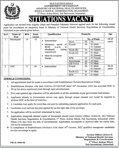 Jobs in Ministry of National Health Services
