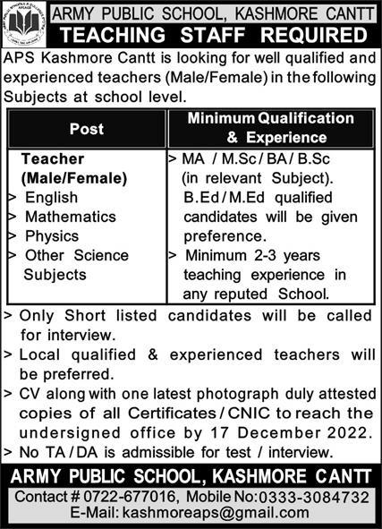 Jobs in Army Public School Kashmore Cantt