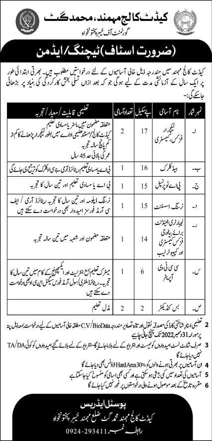 Jobs in Cadet College Mamad Gat Mohmand