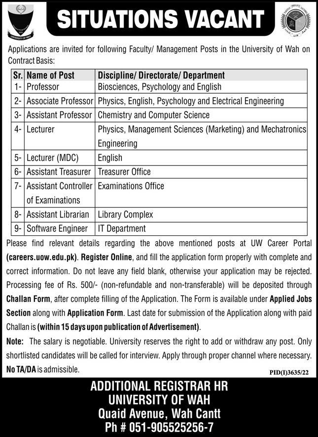 Admin and Teaching Jobs in University of Wah