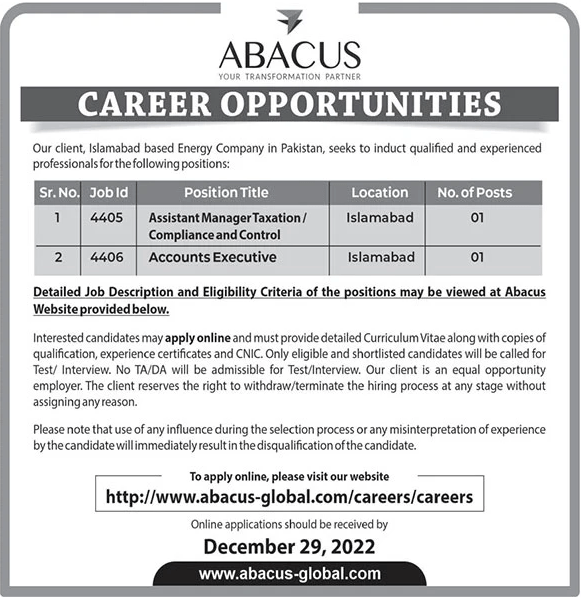 Accounts Jobs in ABACUS Islamabad