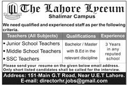 Jobs in The Lahore Lyceum Shalimar Campus 