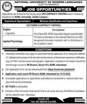 Job Opportunities in NUML Quetta 2022