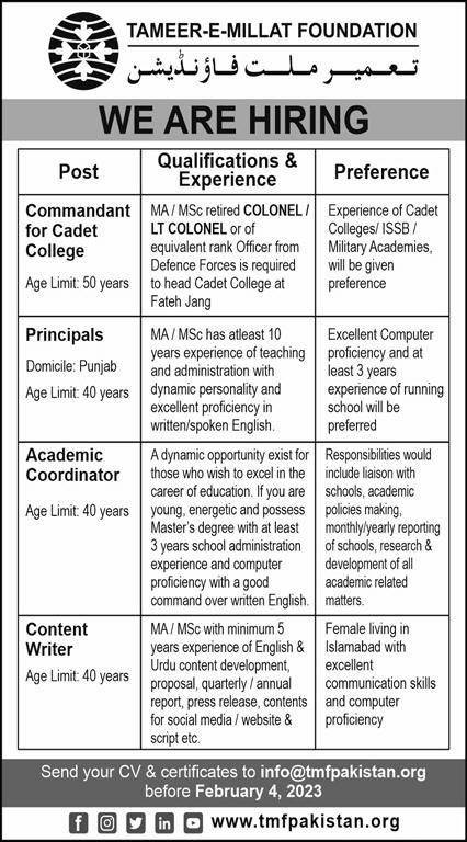 Jobs in Tameer e Millat Foundation
