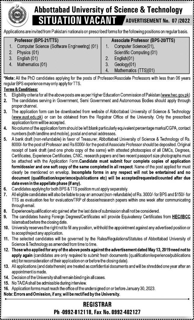 Abbottabad University of Science and Technology Jobs