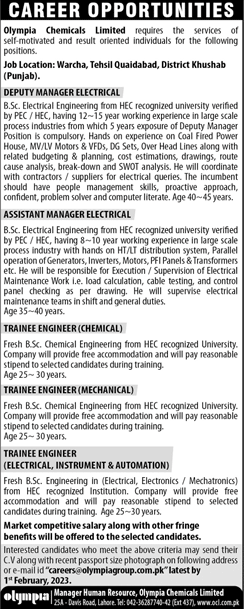 Jobs in Olympia Chemicals Limited 