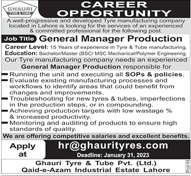 Jobs Opportunities in Ghauri Tyre and Tube