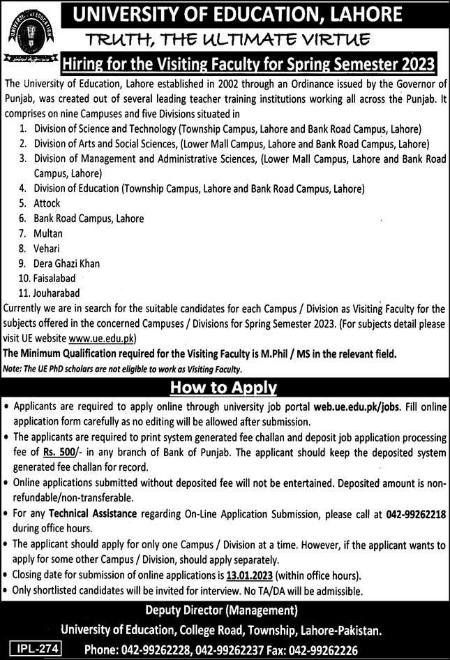 Jobs in University of Education Lahore