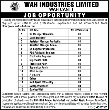 Staff Required in Wah Industries Limited
