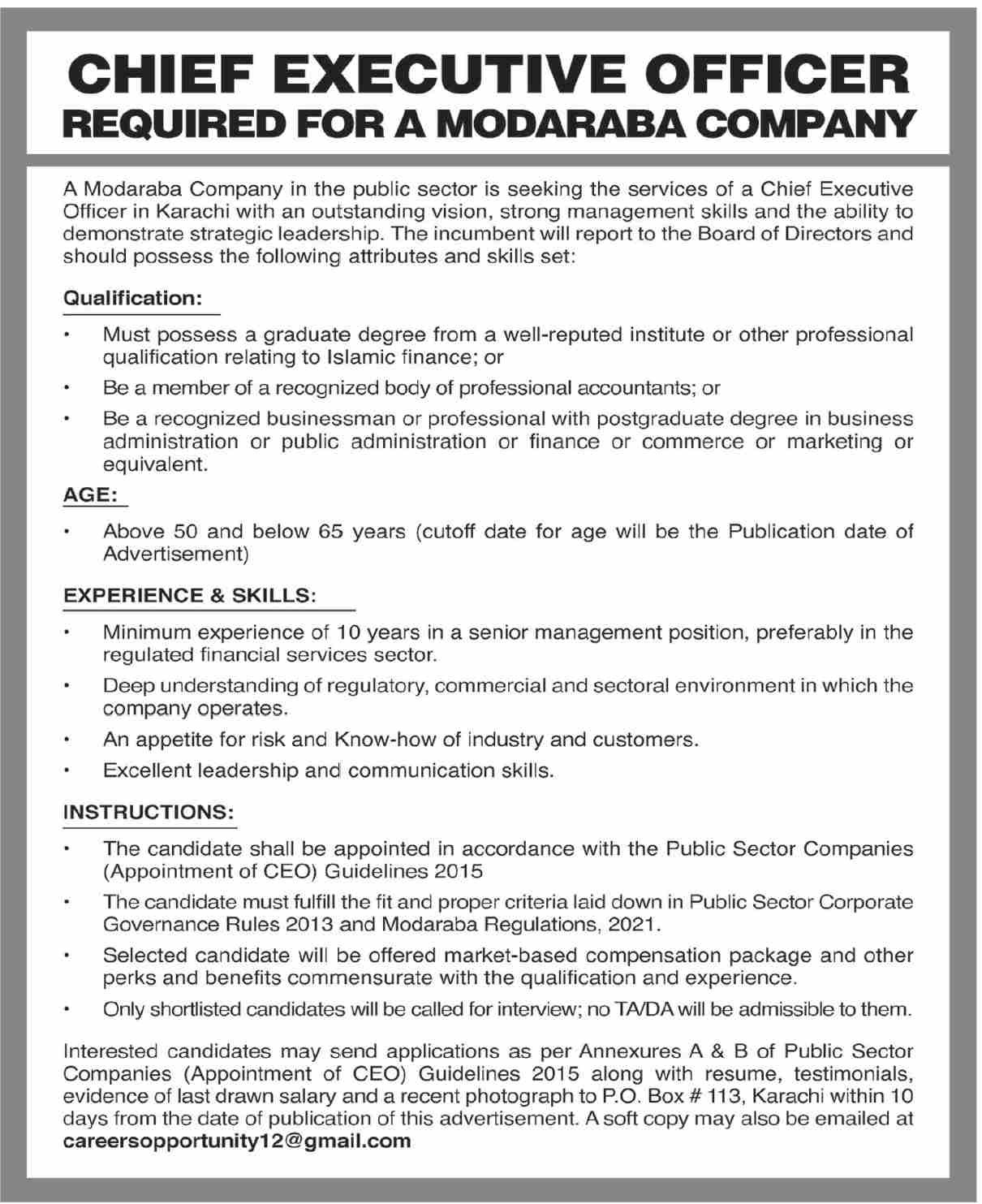 CEO Jobs in Modaraba Company