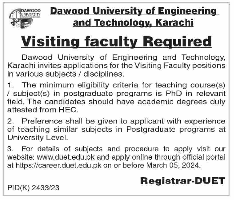 Dawood University of Engineering Jobs