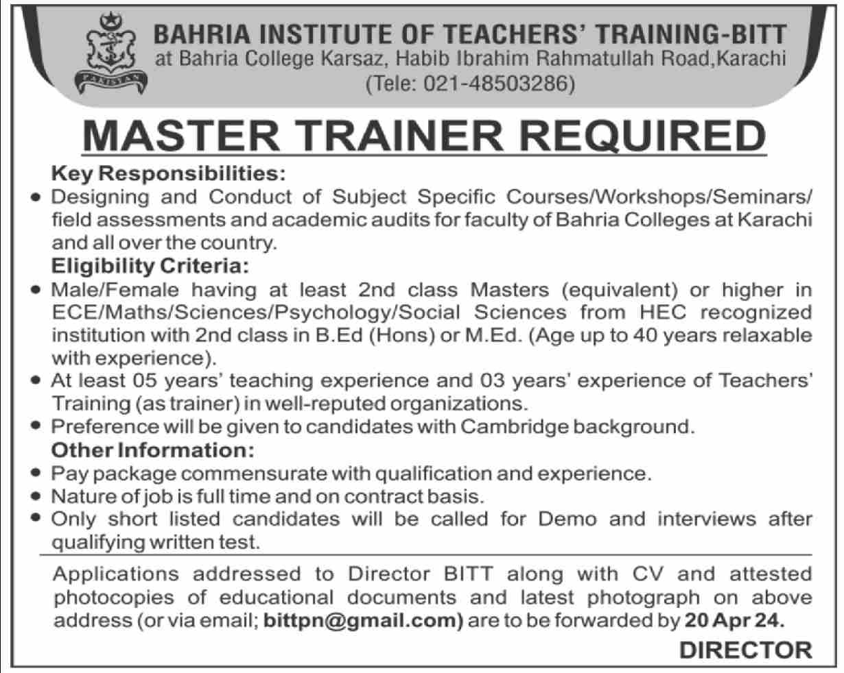 Jobs in Bahria Institute of Teachers